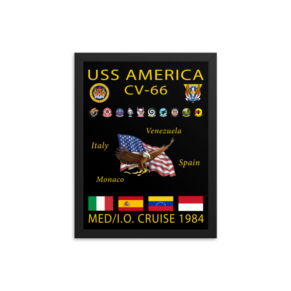 USS America (CV-66) 1984 Framed Cruise Poster – black, 12x16