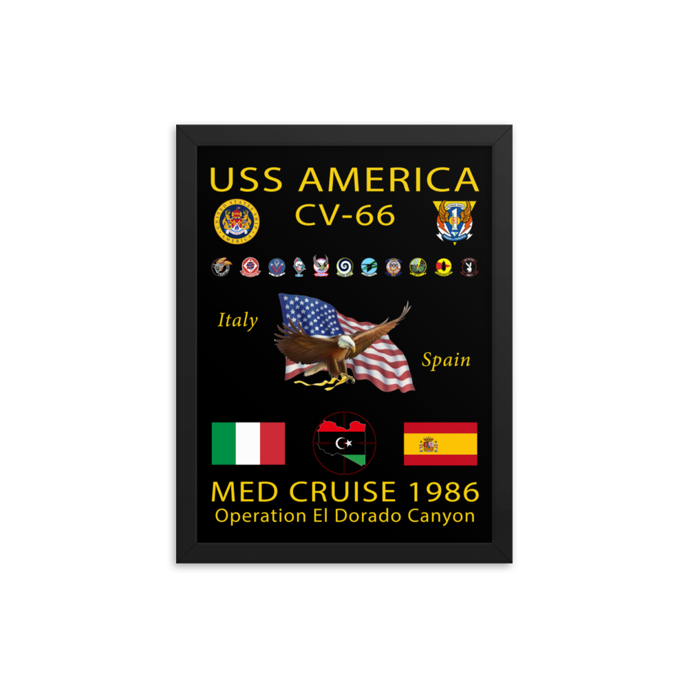 USS America (CV-66) 1986 Framed Cruise Poster – black, 12x16