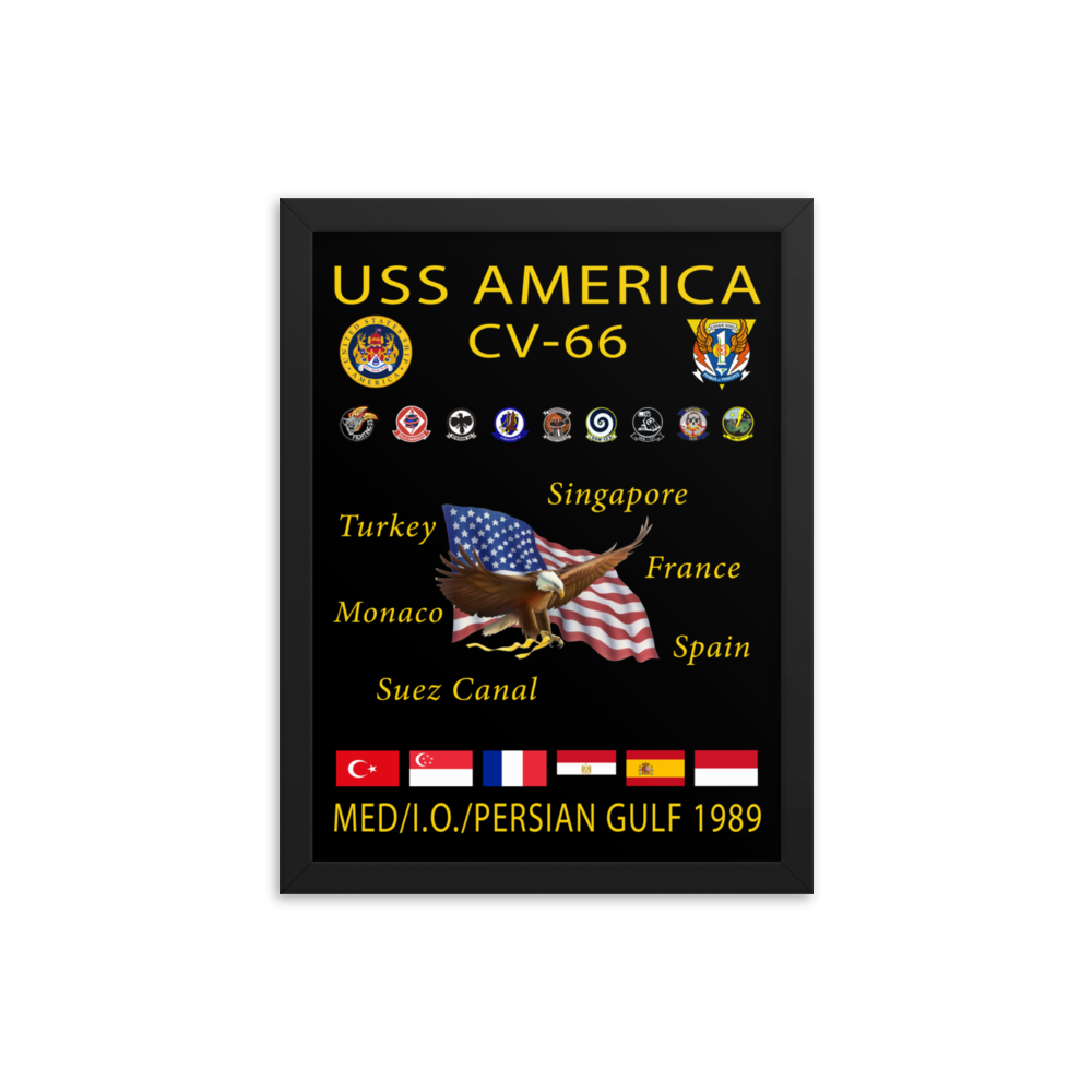 USS America (CV-66) 1989 Framed Cruise Poster – black, 12x16
