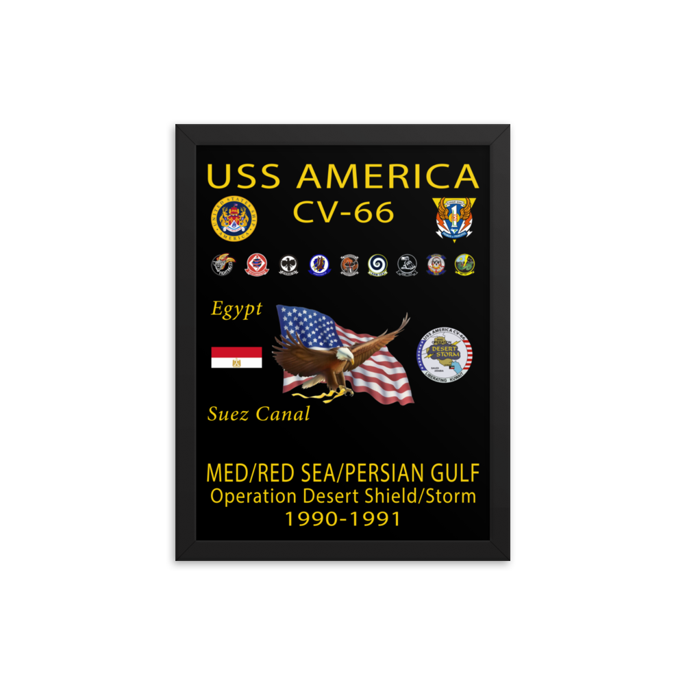 USS America (CV-66) 1990-91 Framed Cruise Poster – black, 12x16