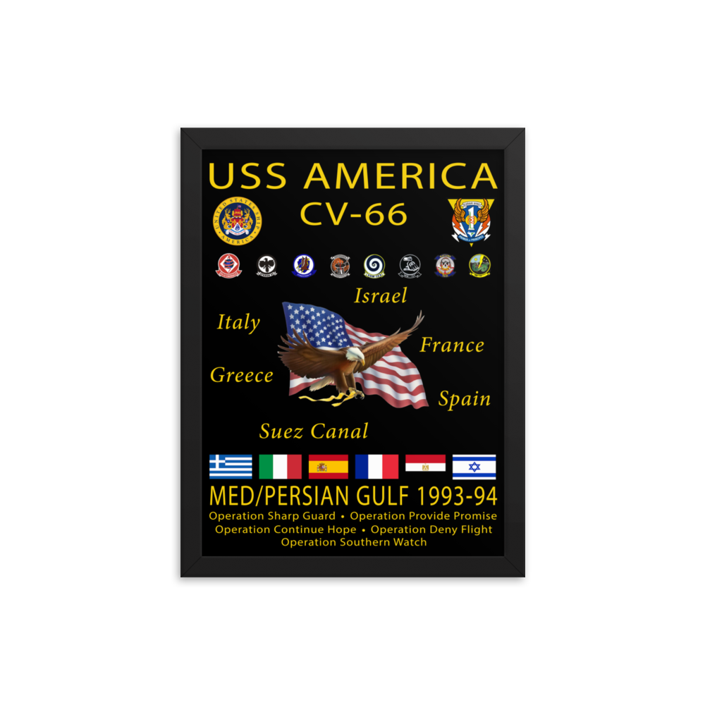 USS America (CV-66) 1993-94 Framed Cruise Poster – black, 12x16