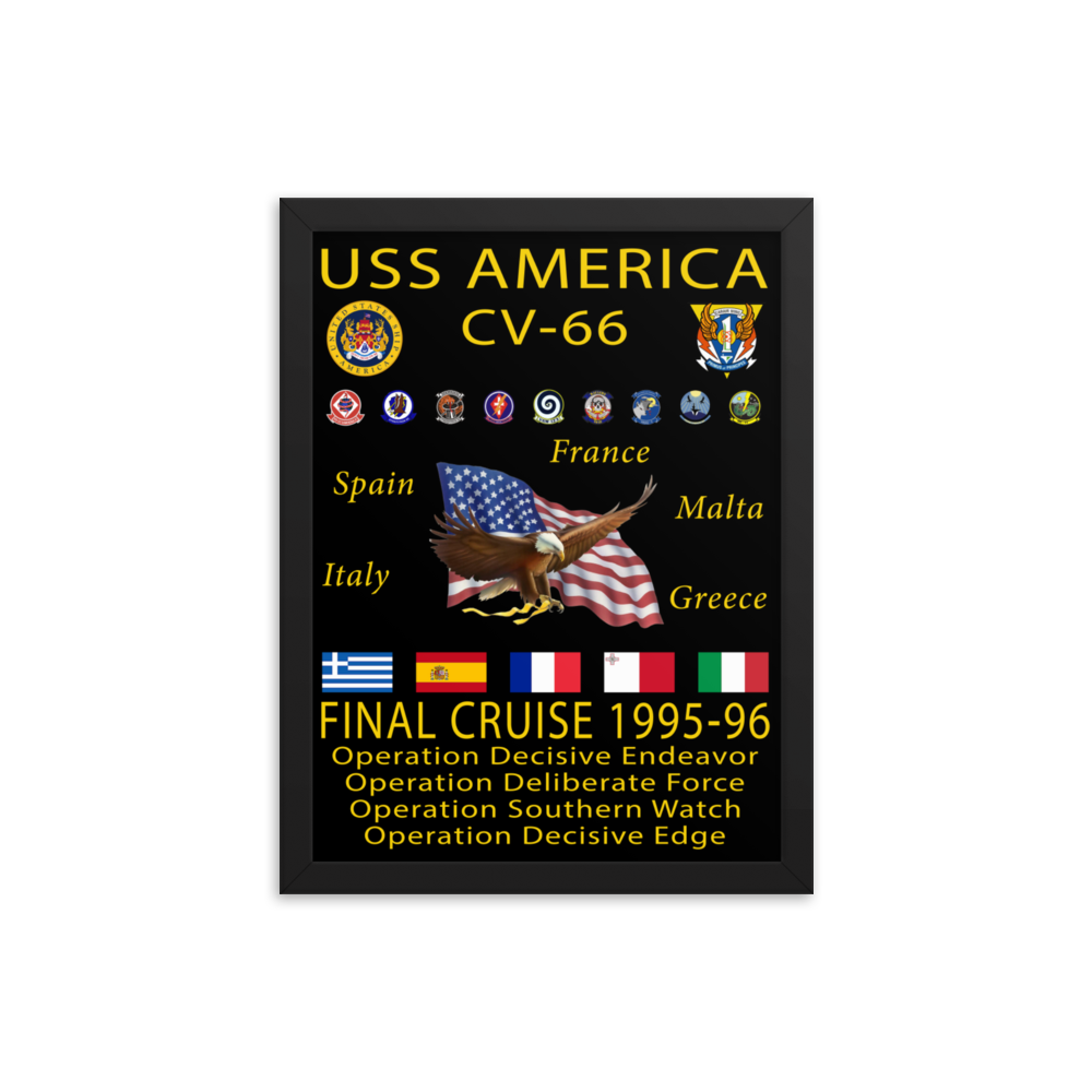 USS America (CV-66) 1995-96 Framed Cruise Poster – black, 12x16