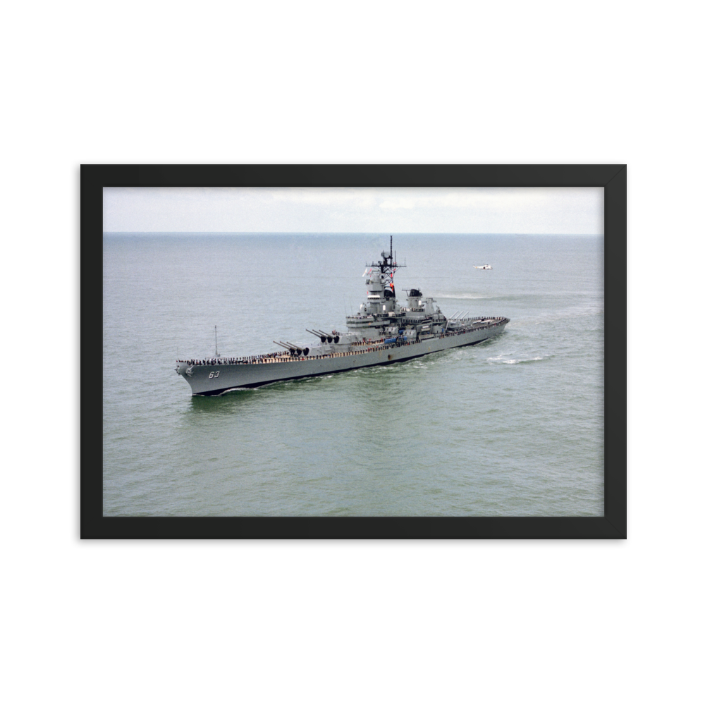 USS Missouri (BB-63) Framed Poster - Port Bow Shot – black, 12x18