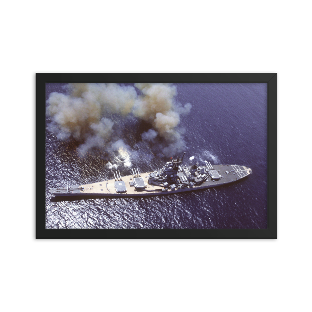 USS Missouri (BB-63) Framed Poster - Firing Guns – black, 12x18