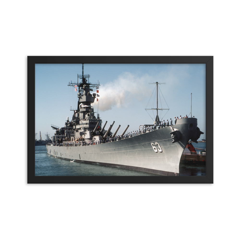 USS Missouri (BB-63) Framed Poster - Starboard Bow Shot – black, 12x18