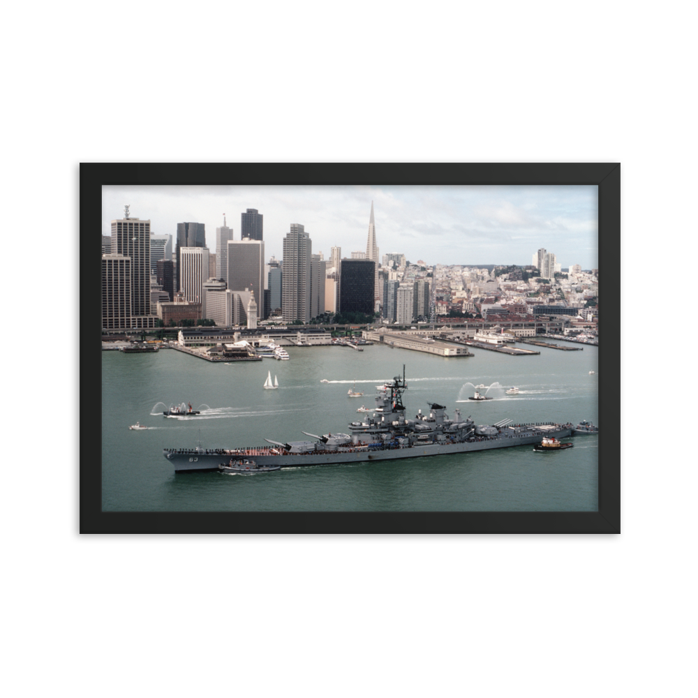 USS Missouri (BB-63) Framed Poster - San Francisco Skyline (2) – black, 12x18
