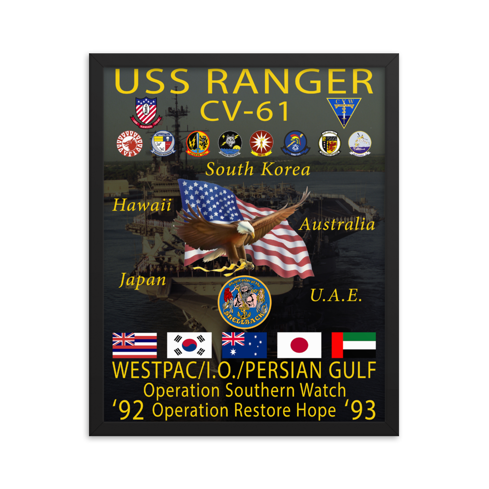 USS Ranger (CV-61) 1992-93 Framed Cruise Poster – black, 16x20
