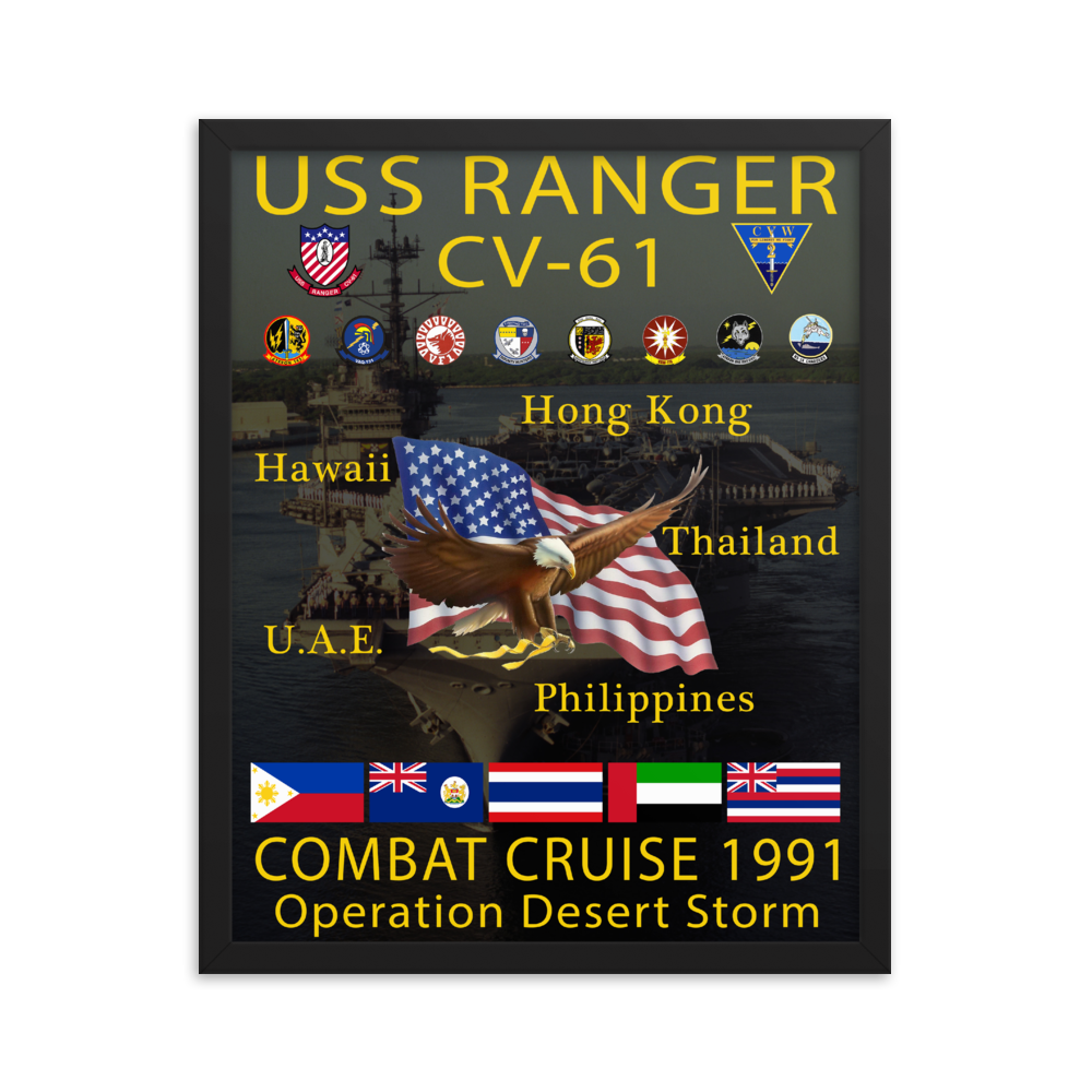 USS Ranger (CV-61) 1991 Framed Cruise Poster – black, 16x20
