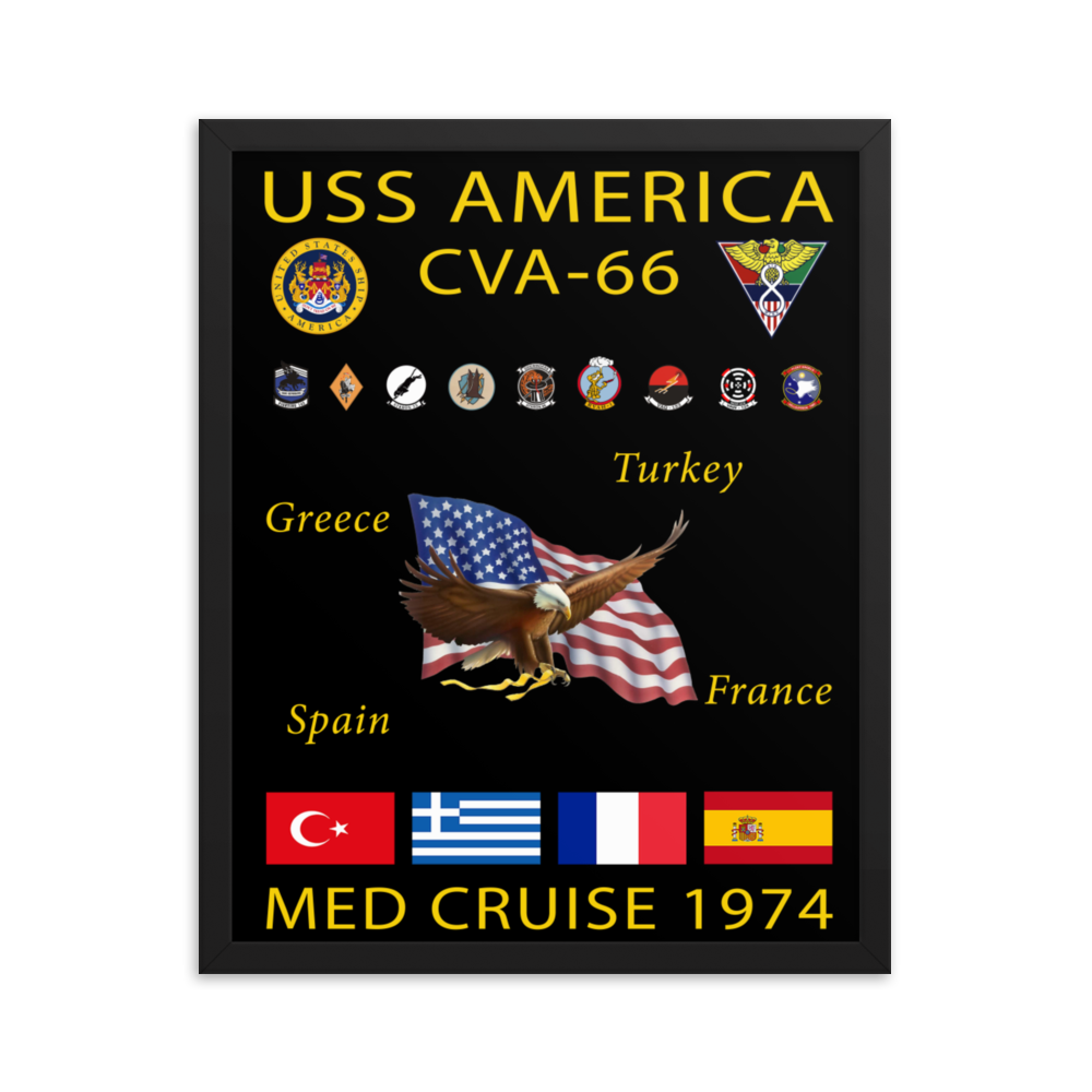 USS America (CVA-66) 1974 Framed Cruise Poster – black, 16x20