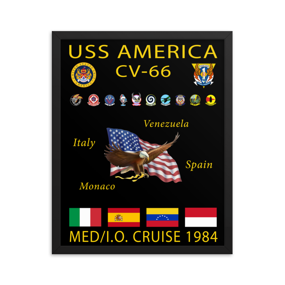 USS America (CV-66) 1984 Framed Cruise Poster – black, 16x20