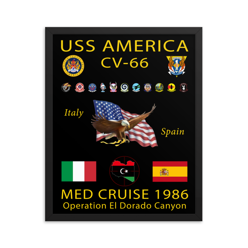 USS America (CV-66) 1986 Framed Cruise Poster – black, 16x20
