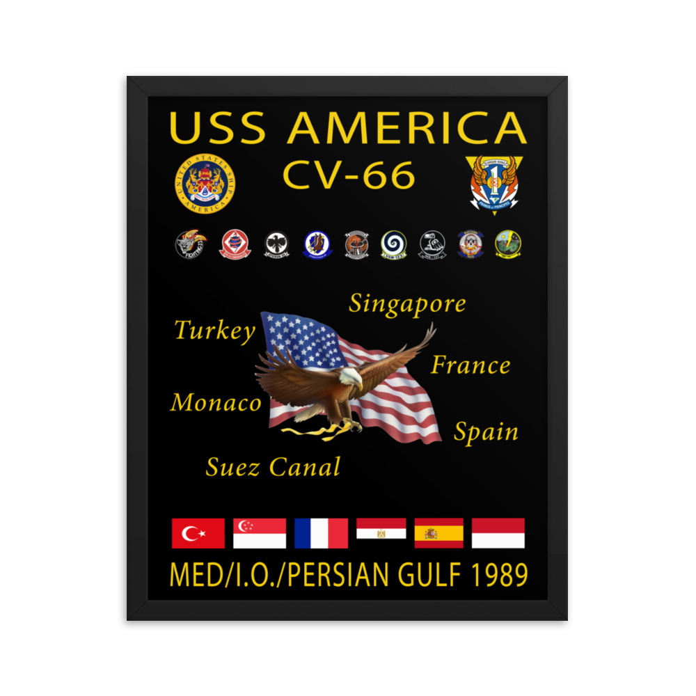 USS America (CV-66) 1989 Framed Cruise Poster – black, 16x20