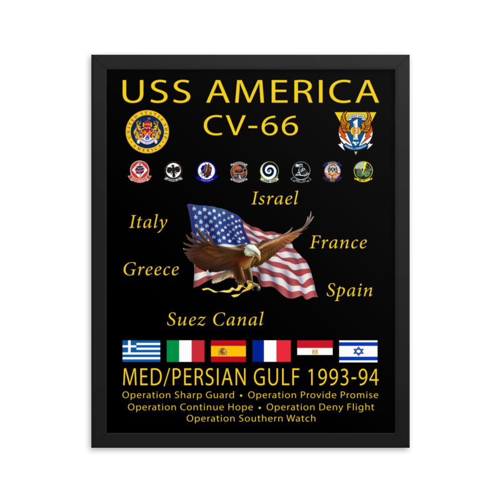 USS America (CV-66) 1993-94 Framed Cruise Poster – black, 16x20
