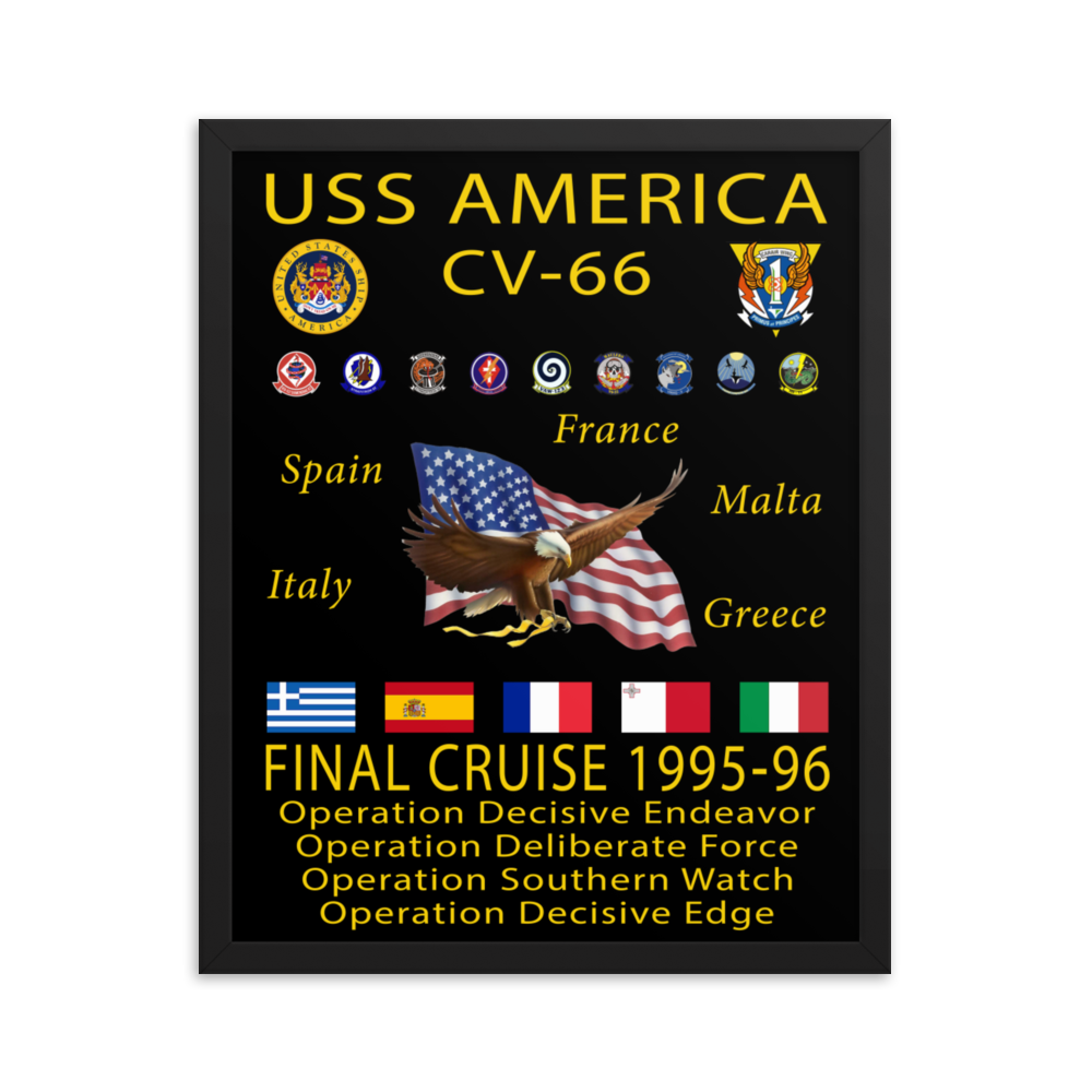 USS America (CV-66) 1995-96 Framed Cruise Poster – black, 16x20