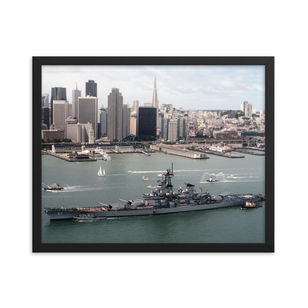 USS Missouri (BB-63) Framed Poster - San Francisco Skyline (2) – black, 16x20