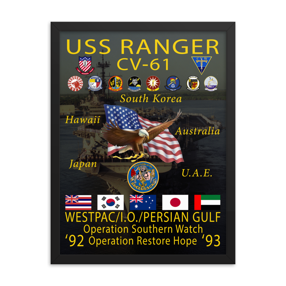 USS Ranger (CV-61) 1992-93 Framed Cruise Poster – black, 18x24