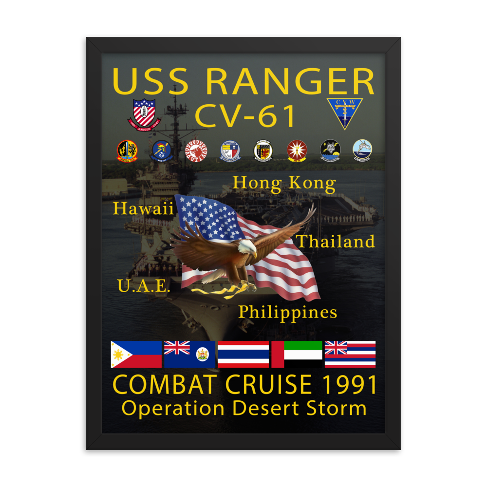 USS Ranger (CV-61) 1991 Framed Cruise Poster – black, 18x24