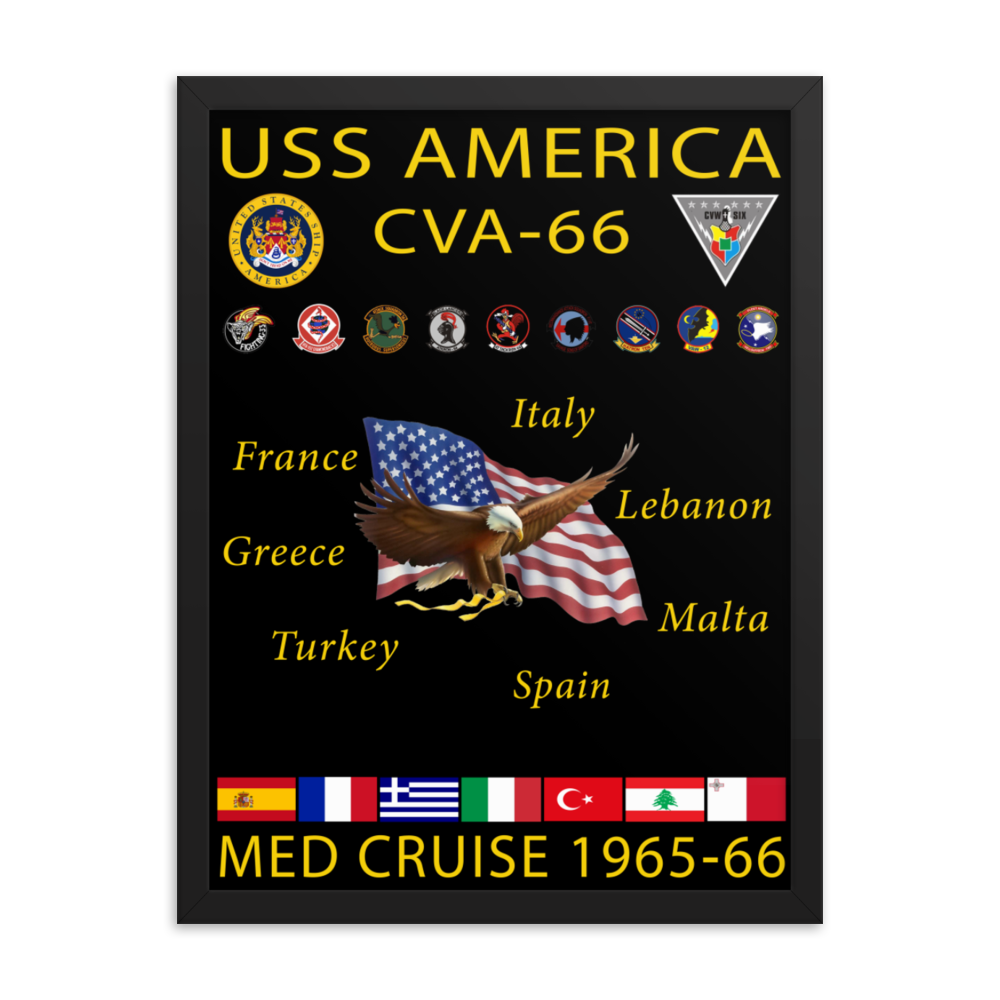 USS America (CVA-66) 1965-66 Framed Cruise Poster – black, 18x24