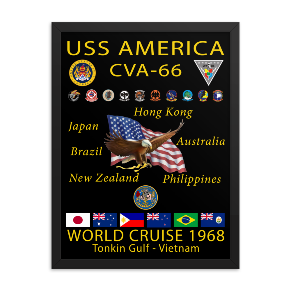 USS America (CVA-66) 1968 Framed Cruise Poster – black, 18x24