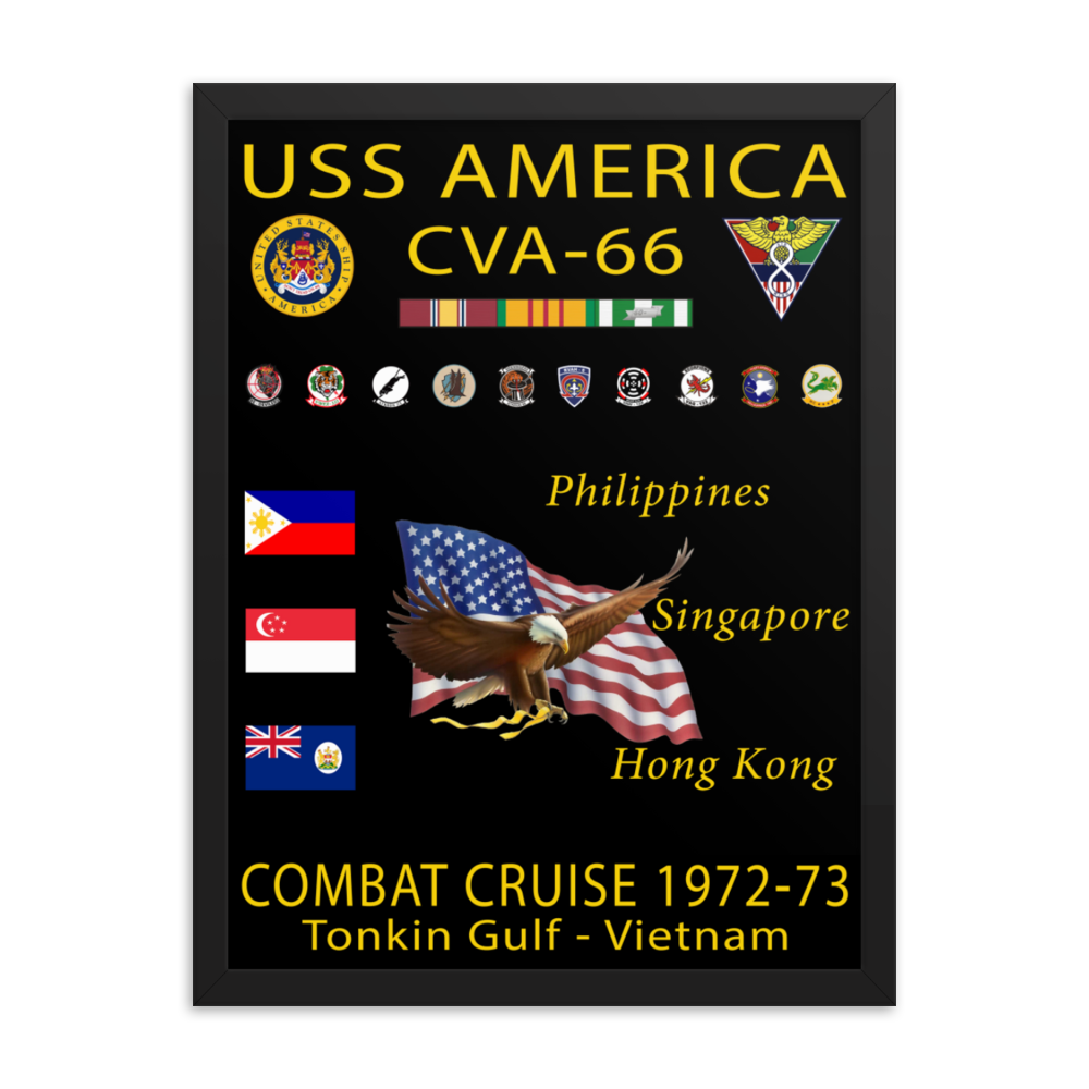 USS America (CVA-66) 1972-73 Framed Cruise Poster – black, 18x24