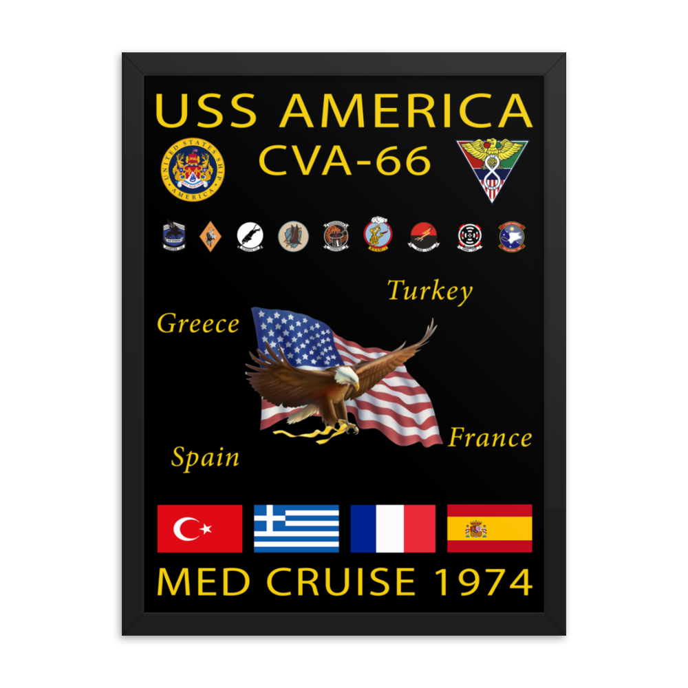 USS America (CVA-66) 1974 Framed Cruise Poster – black, 18x24