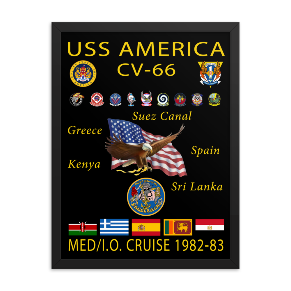 USS America (CV-66) 1982-83 Framed Cruise Poster – black, 18x24