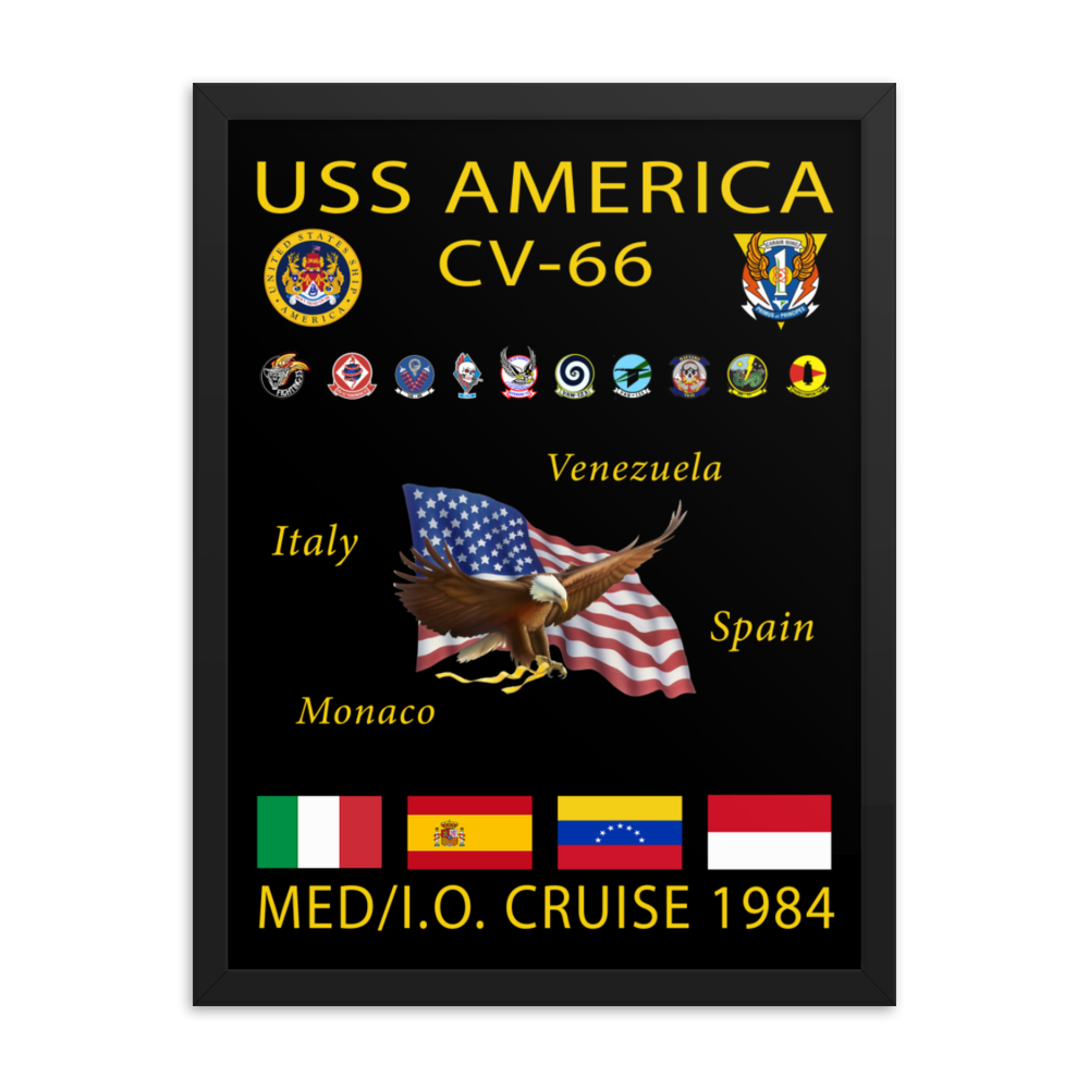 USS America (CV-66) 1984 Framed Cruise Poster – black, 18x24