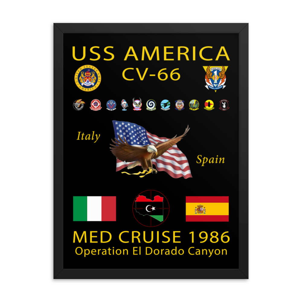 USS America (CV-66) 1986 Framed Cruise Poster – black, 18x24