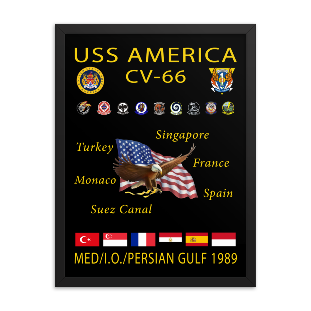 USS America (CV-66) 1989 Framed Cruise Poster – black, 18x24