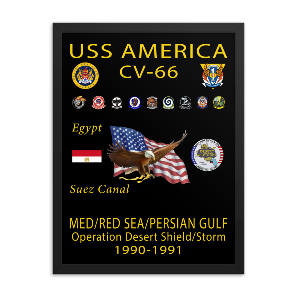 USS America (CV-66) 1990-91 Framed Cruise Poster – black, 18x24