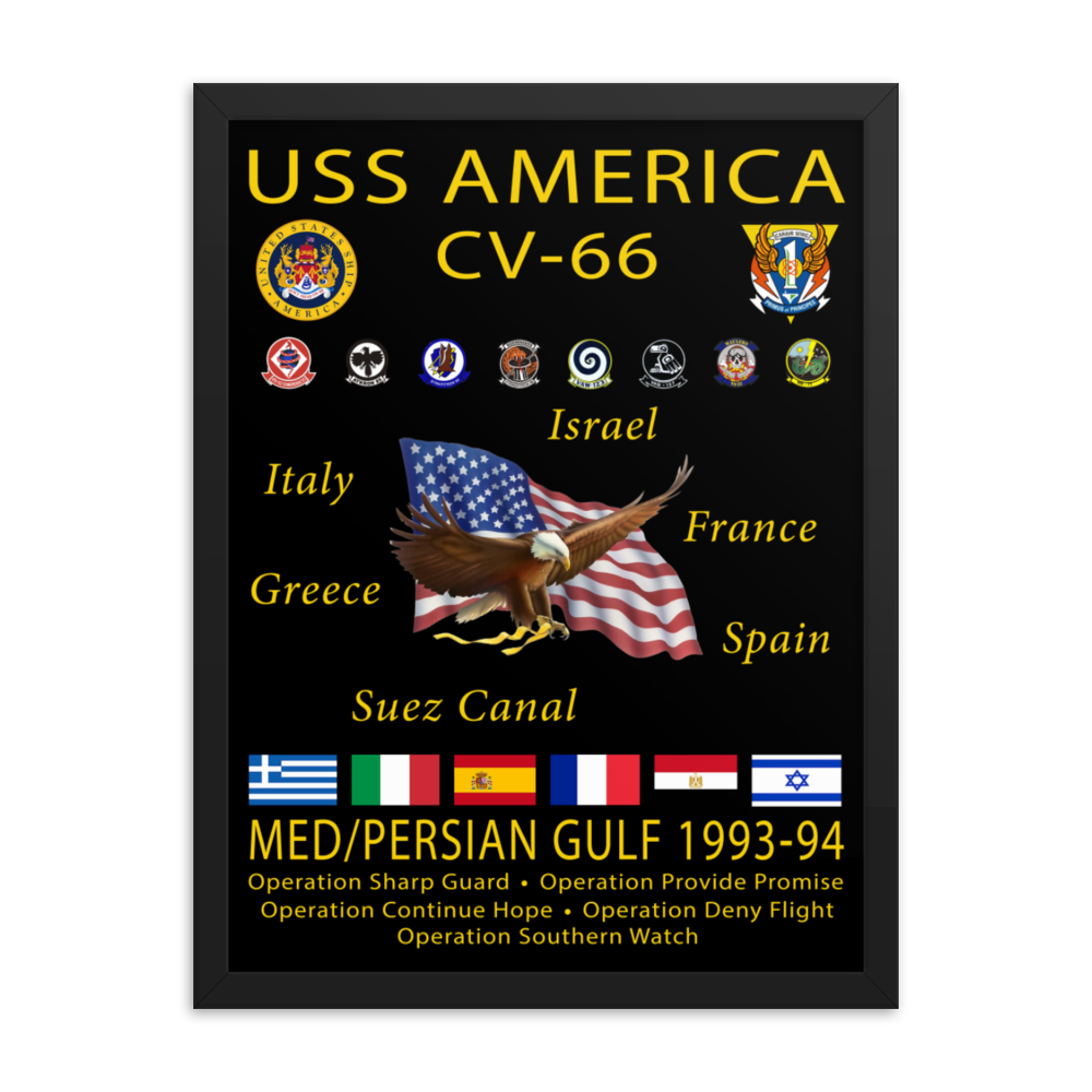 USS America (CV-66) 1993-94 Framed Cruise Poster – black, 18x24