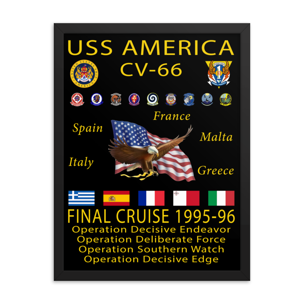 USS America (CV-66) 1995-96 Framed Cruise Poster – black, 18x24