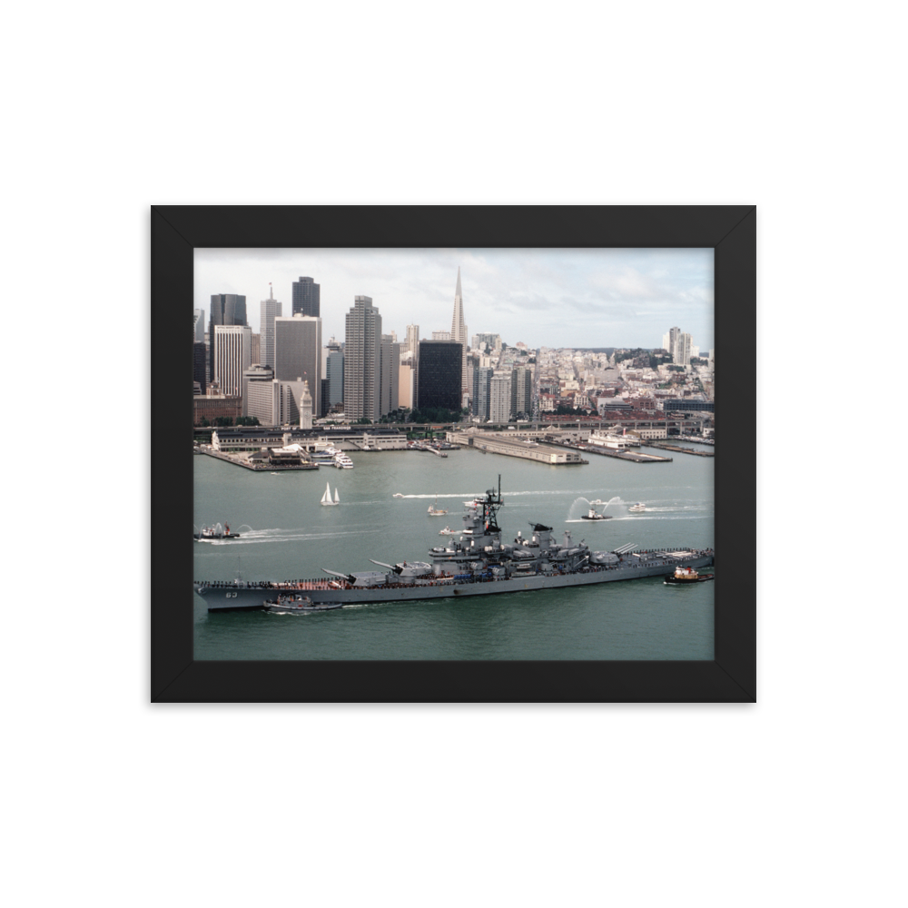 USS Missouri (BB-63) Framed Poster - San Francisco Skyline (2) – black, 8x10