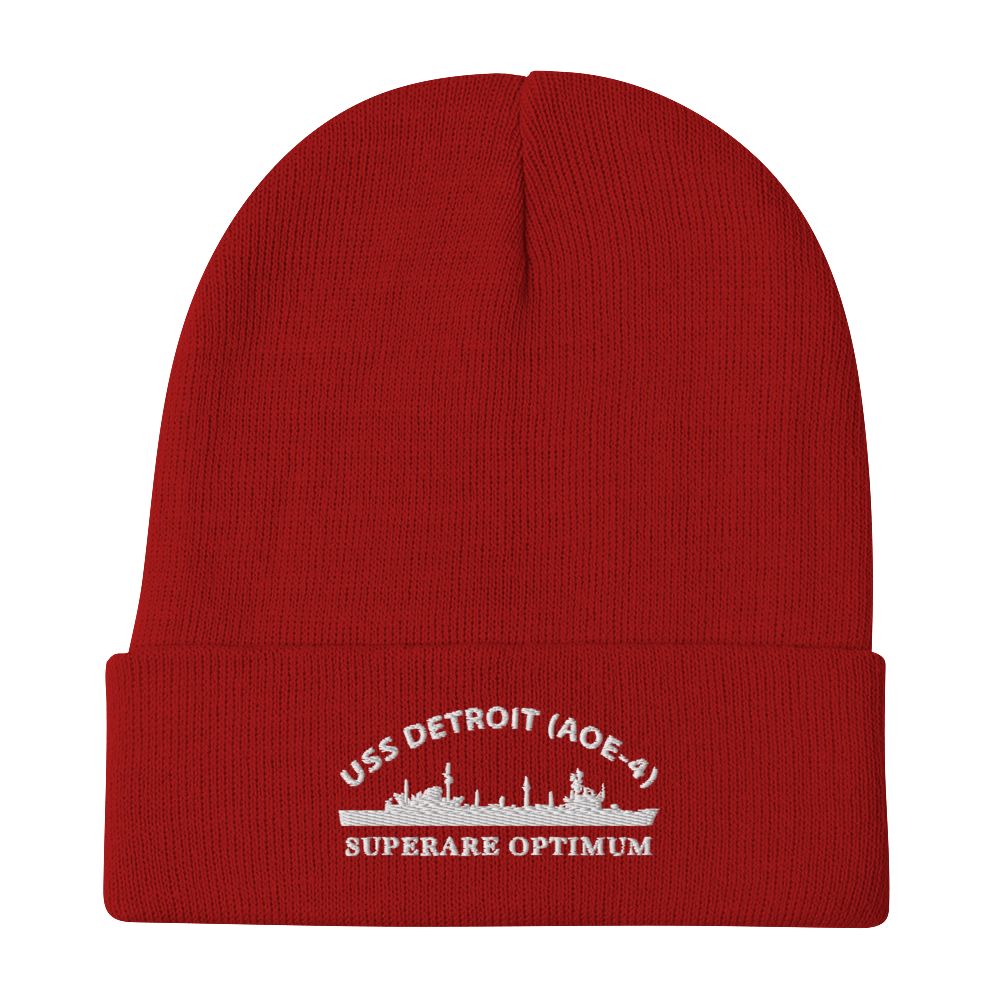 USS Detroit (AOE-4) Embroidered Beanie with Ship's Motto – red