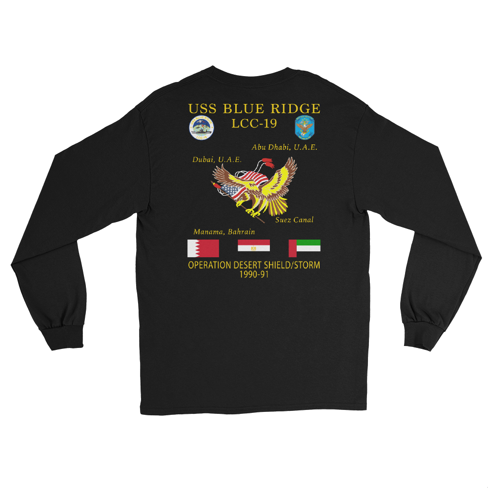 USS Blue Ridge (LCC-19) 1990-91 ODS/S Cruise Long Sleeve Shirt – back view, black