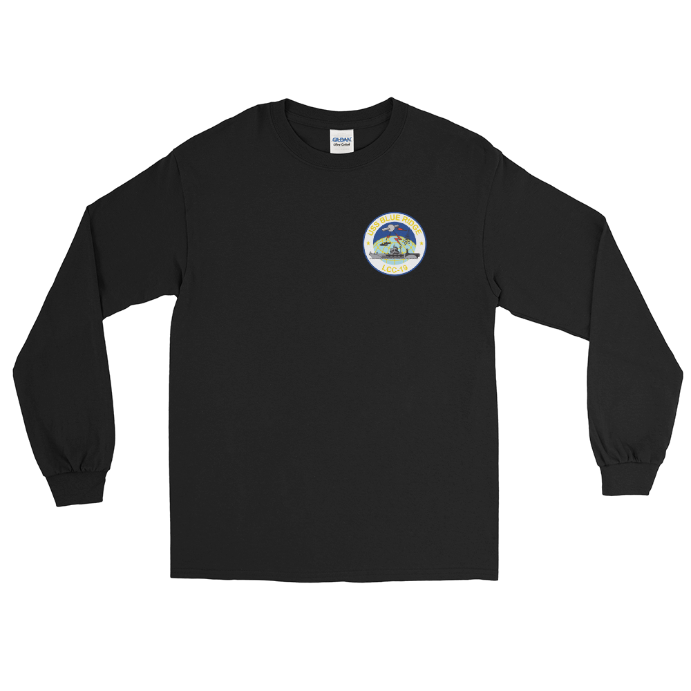 USS Blue Ridge (LCC-19) Ship's Crest Long Sleeve Shirt – front view, black