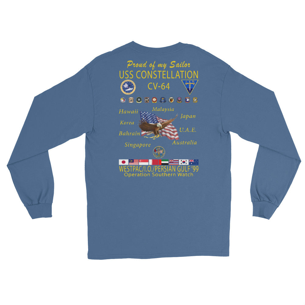 USS Constellation (CV-64) 1999 Long Sleeve Cruise Shirt - FAMILY – back view, indigo