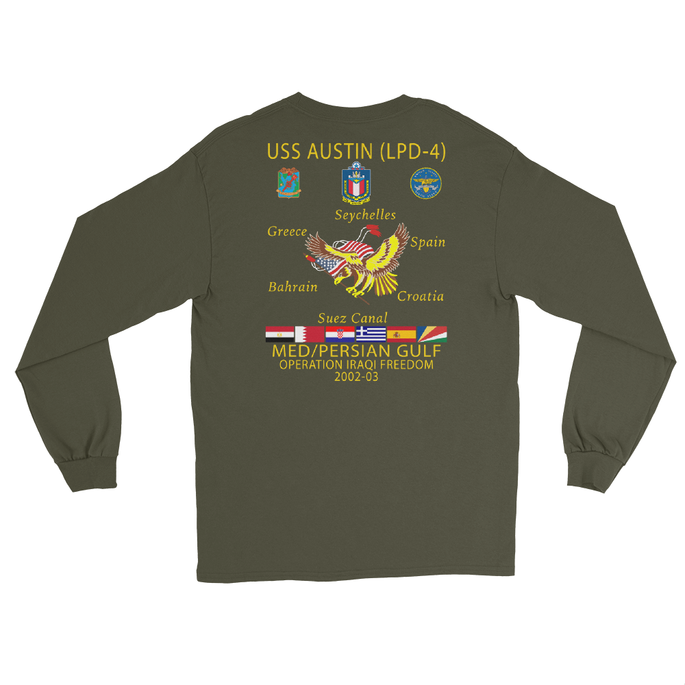 USS Austin (LPD-4) 2002-03 Long Sleeve Cruise Shirt – back view, military green