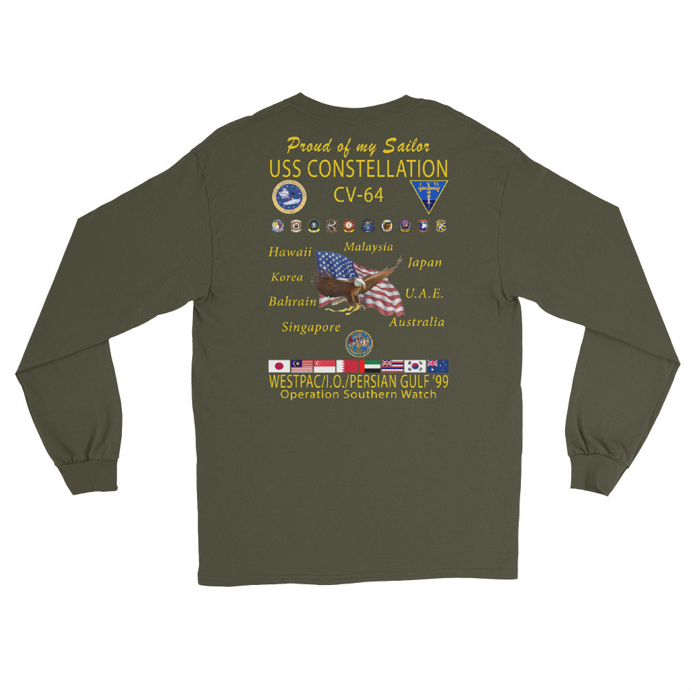 USS Constellation (CV-64) 1999 Long Sleeve Cruise Shirt - FAMILY – back view, military green