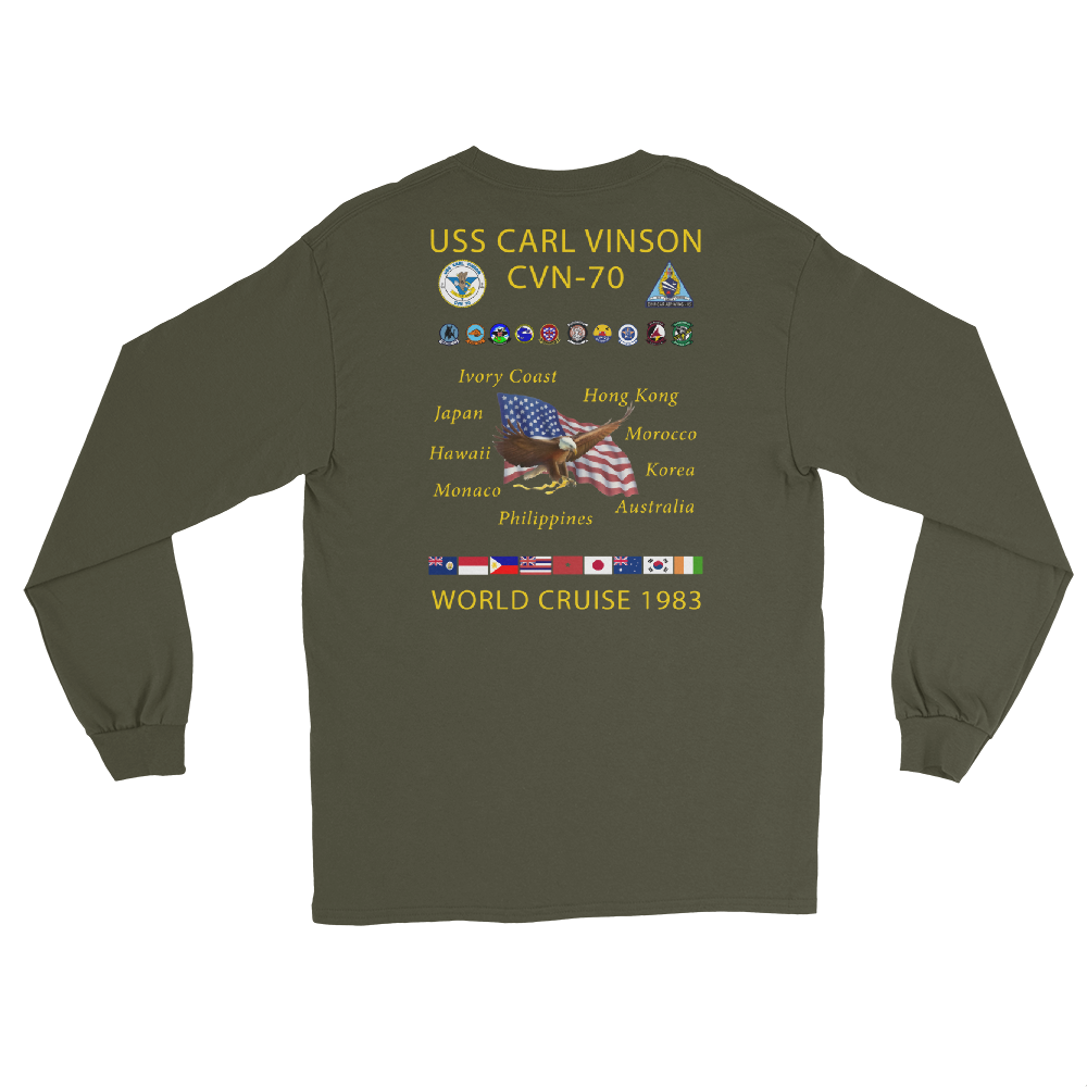 USS Carl Vinson (CVN-70) 1983 Long Sleeve Cruise Shirt – back view, military green
