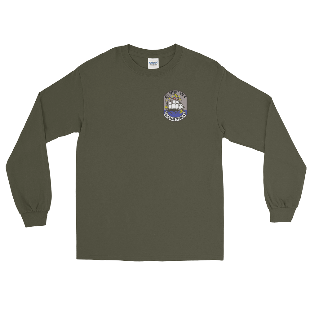 USS Detroit (AOE-4) 1983 Med Cruise Long Sleeve Shirt – front view, military green