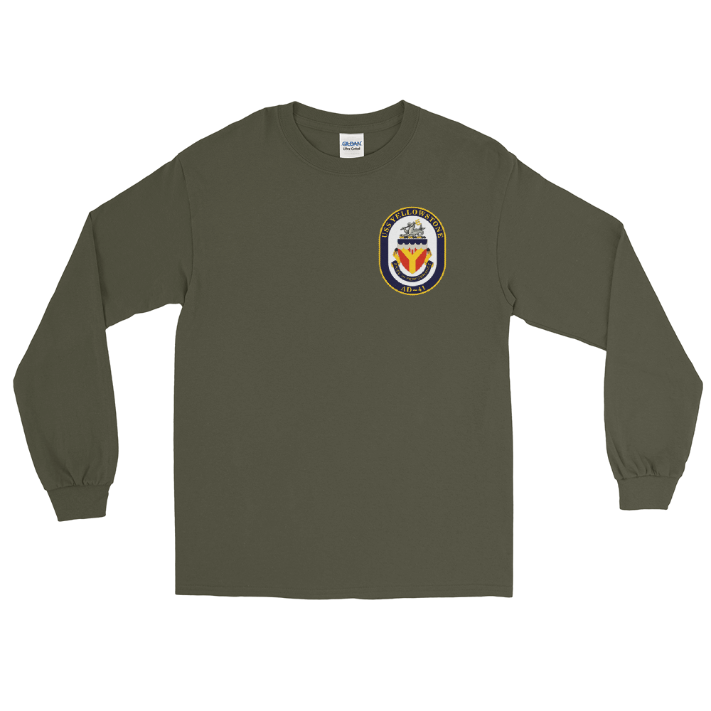USS Yellowstone (AD-41) Ship's Crest Long Sleeve Shirt – front view, military green