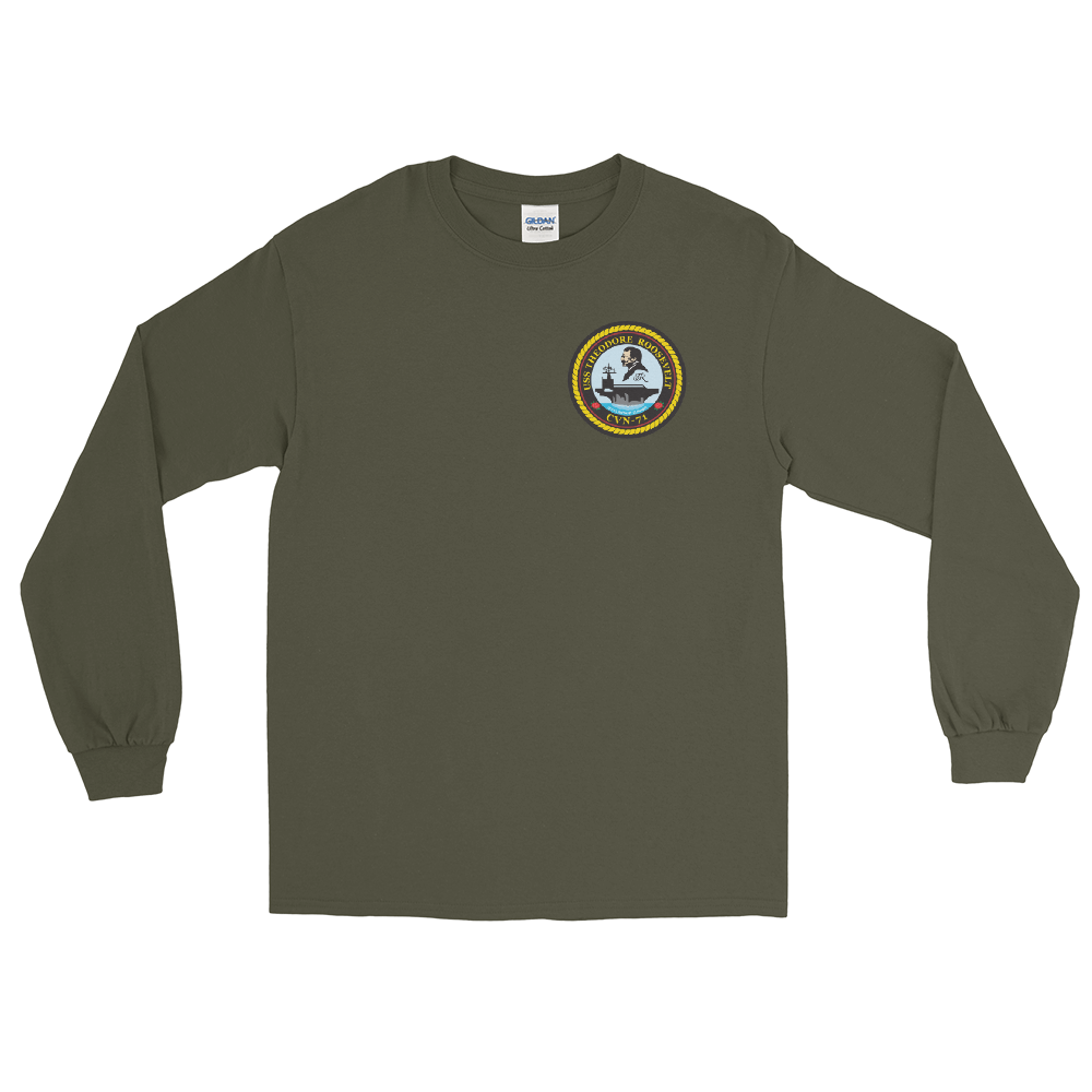 USS Theodore Roosevelt (CVN-71) Ship's Crest Long Sleeve Shirt – front view, military green