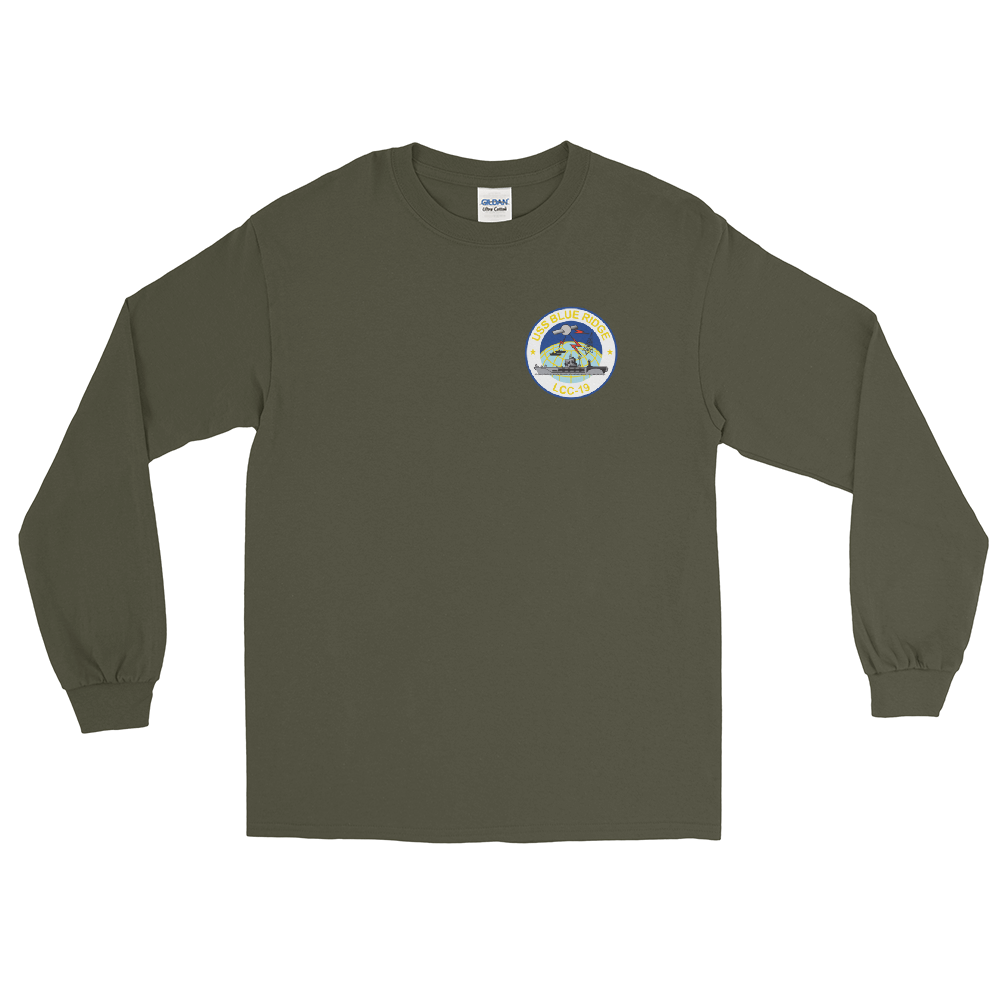 USS Blue Ridge (LCC-19) Ship's Crest Long Sleeve Shirt – front view, military green