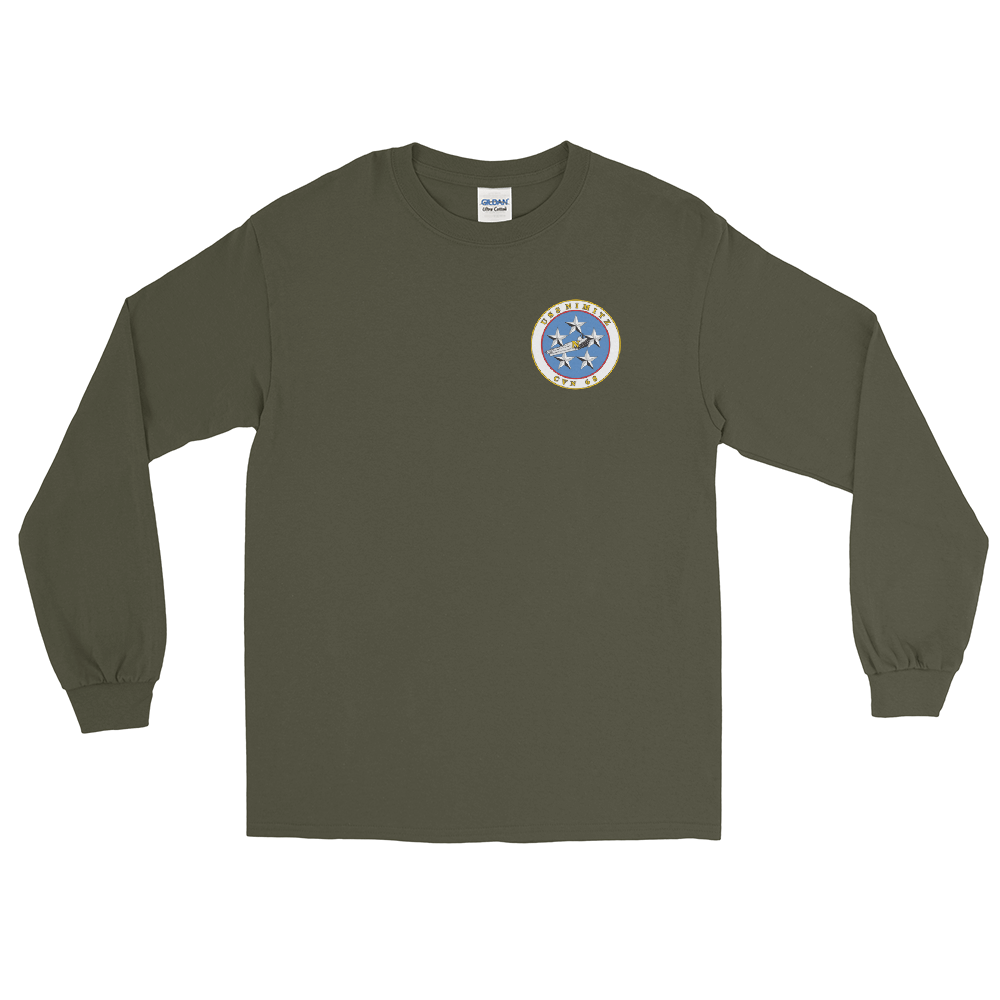 USS Nimitz (CVN-68) Ship's Crest Long Sleeve Shirt – front view, military green