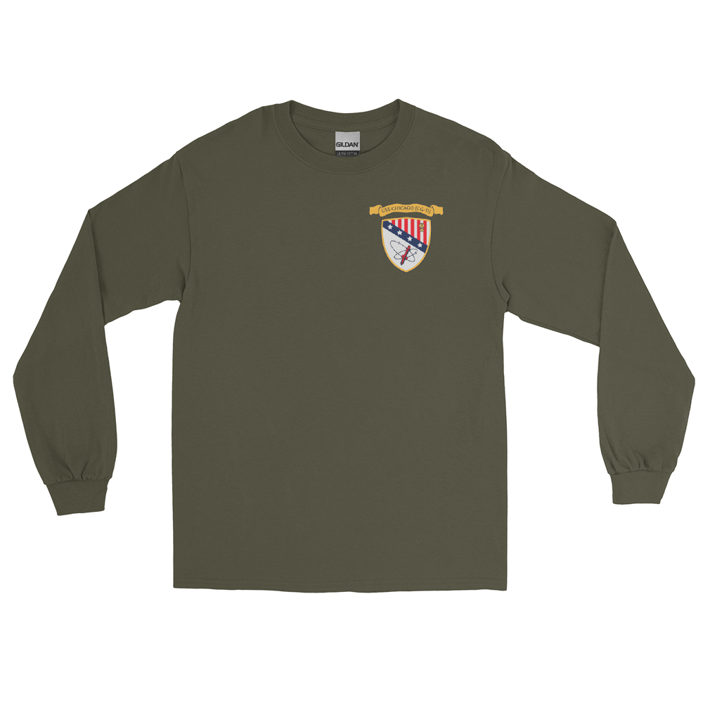 USS Chicago (CG-11) Ship's Crest Long Sleeve Shirt - Gold – front view, military green