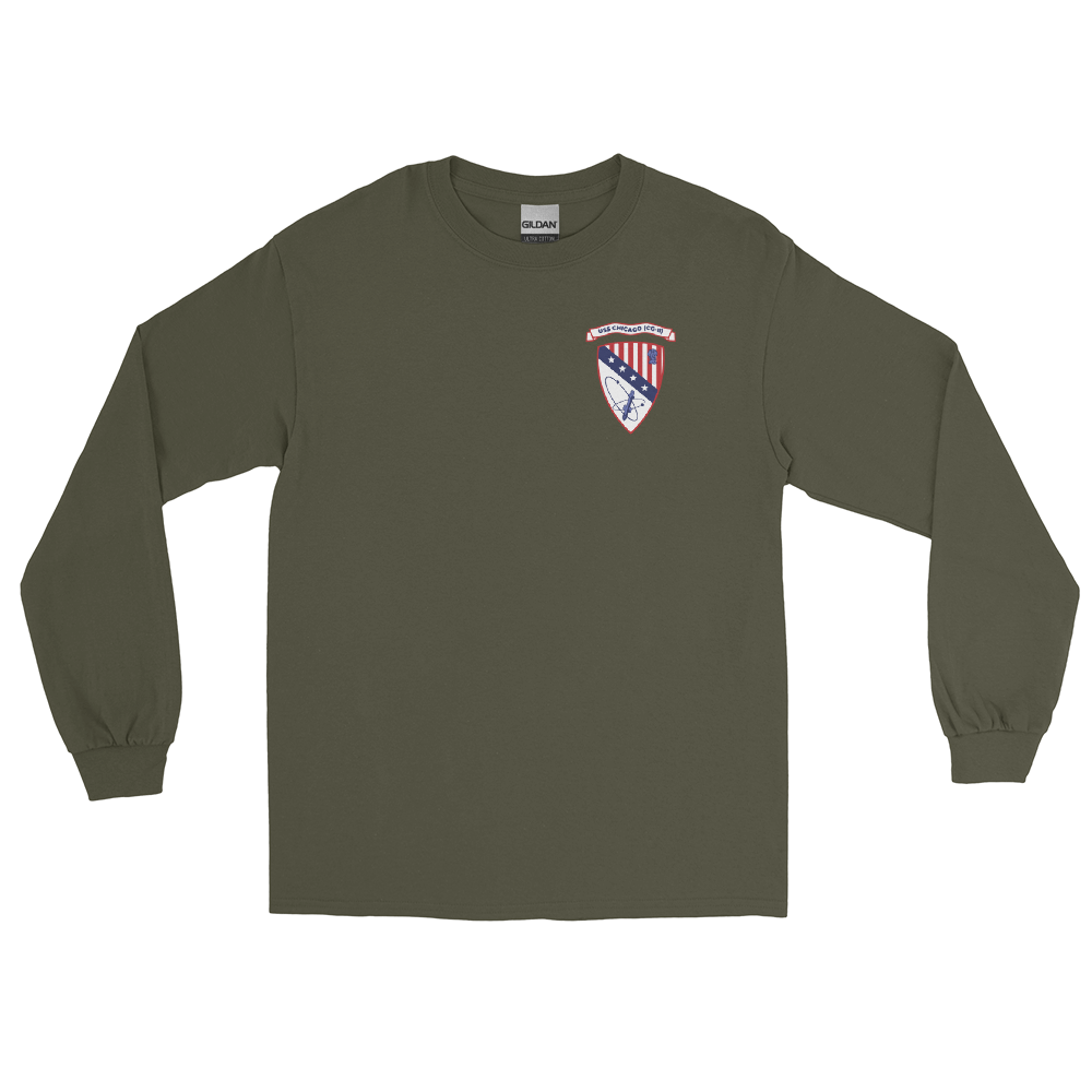 USS Chicago (CG-11) Ship's Crest Long Sleeve Shirt - Blue – front view, military green