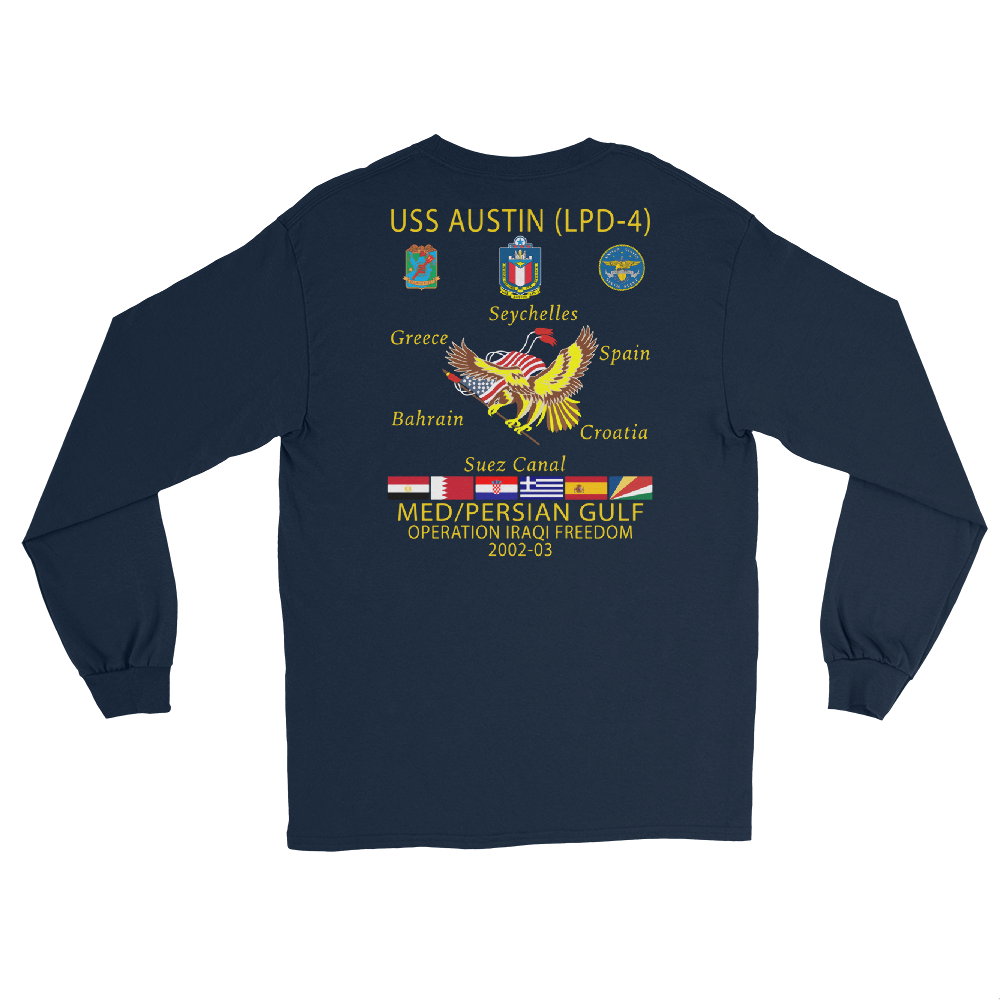 USS Austin (LPD-4) 2002-03 Long Sleeve Cruise Shirt – back view, navy