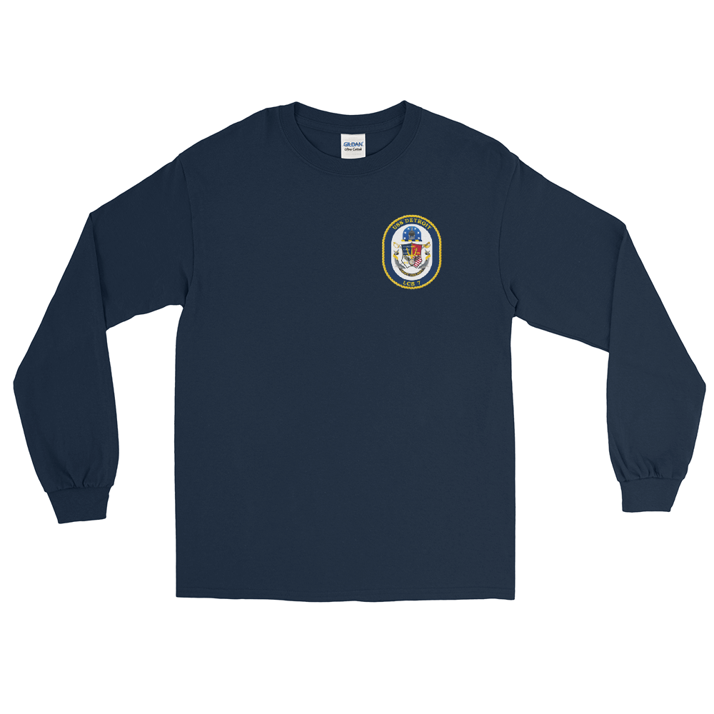 USS Detroit (LCS-7) Ship's Crest Long Sleeve Shirt – front view, navy