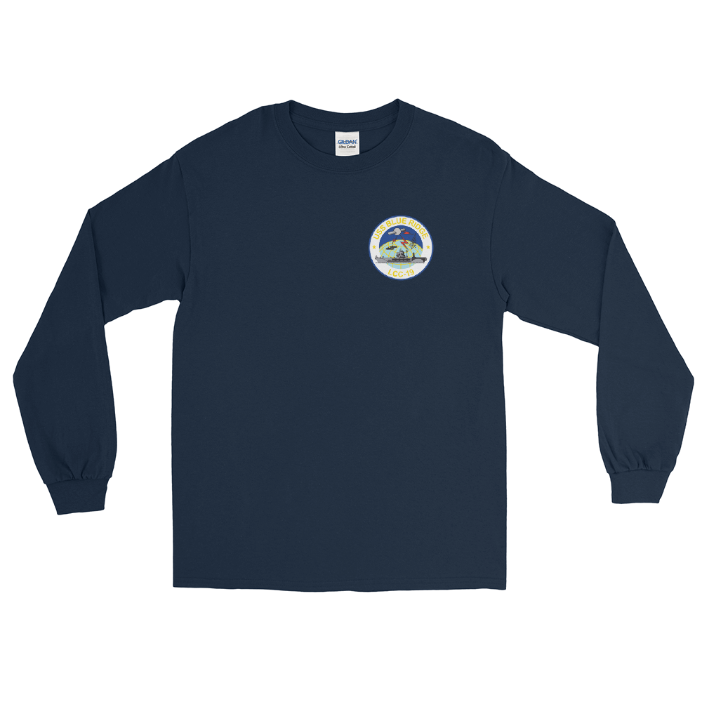 USS Blue Ridge (LCC-19) Ship's Crest Long Sleeve Shirt – front view, navy